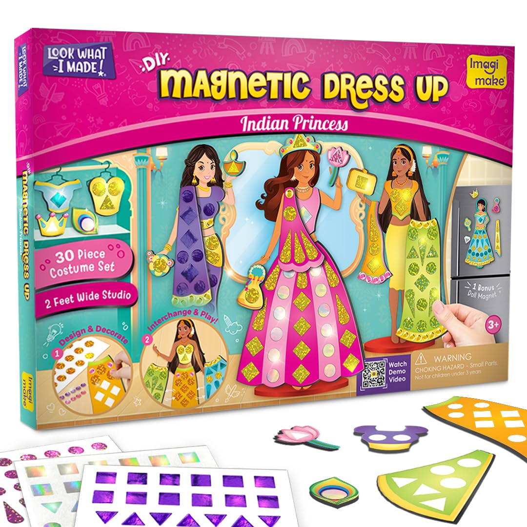 Imagimake DIY Magnetic Dress-Up Indian Princess | Pretend Play Toys for Kids | 30 Magnetic Dresses & Accessories | Interchange &