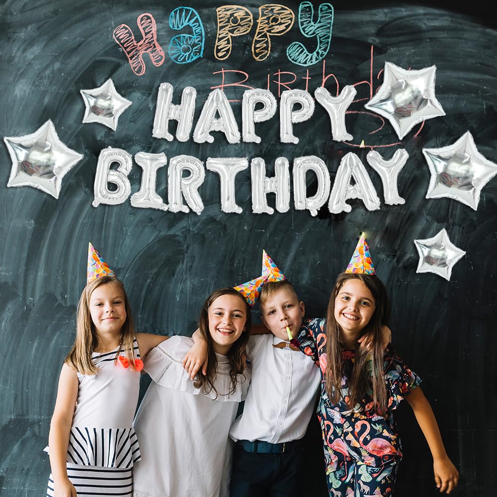 Toniful 35Pcs Silver Happy Birthday Decorations 16 Inch Happy Birthday Balloon Banner With Star Balloons Mylar Foil Birthday Par