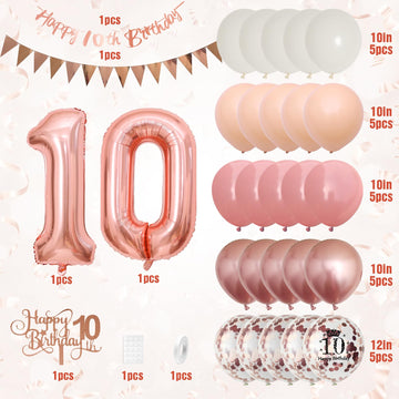 10Th Birthday Decorations Retro Pink Rose Gold,10Th Birthday Balloons,Happy 10Th Birthday Banner With Cake Toppers Rose Gold Num