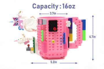 F-32 Unicorn Build-On Brick Mug W/ 5 Packs Of Building Blocks,Compatible With Lego,14 Oz Novelty Diy Unique Funny Coffee Cup Gift (Unicorn Pink)