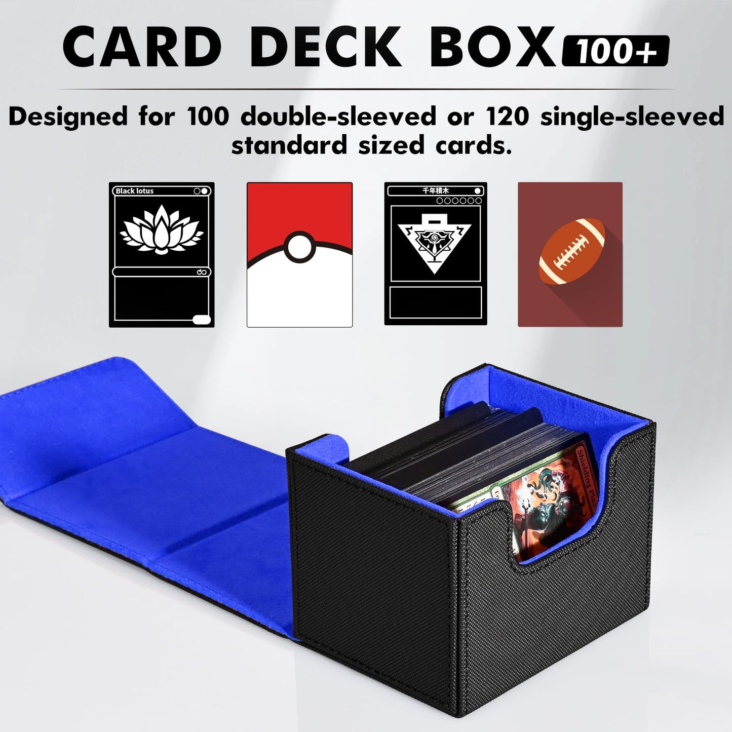 Zlca Card Deck Box For Trading Cards, Mtg Commander Deck Box Holds 120+ Single Sleeved Cards, Leather Magnetic Card Storage Box Fits For Tcg Ccg Magic Cards (Black& Blue)