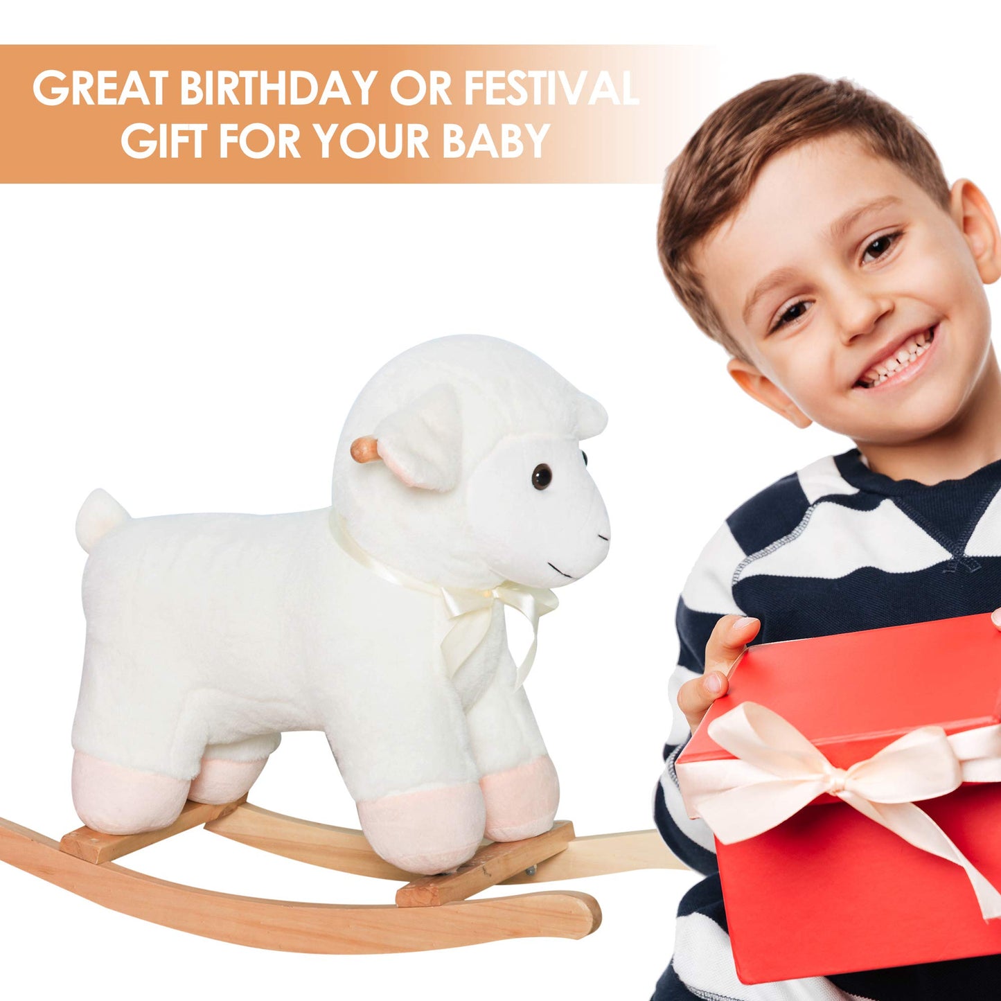Qaba Lamb Rocking Horse Sheep, Nursery Stuffed Animal Ride On Rocker For Kids, Wooden Plush, White
