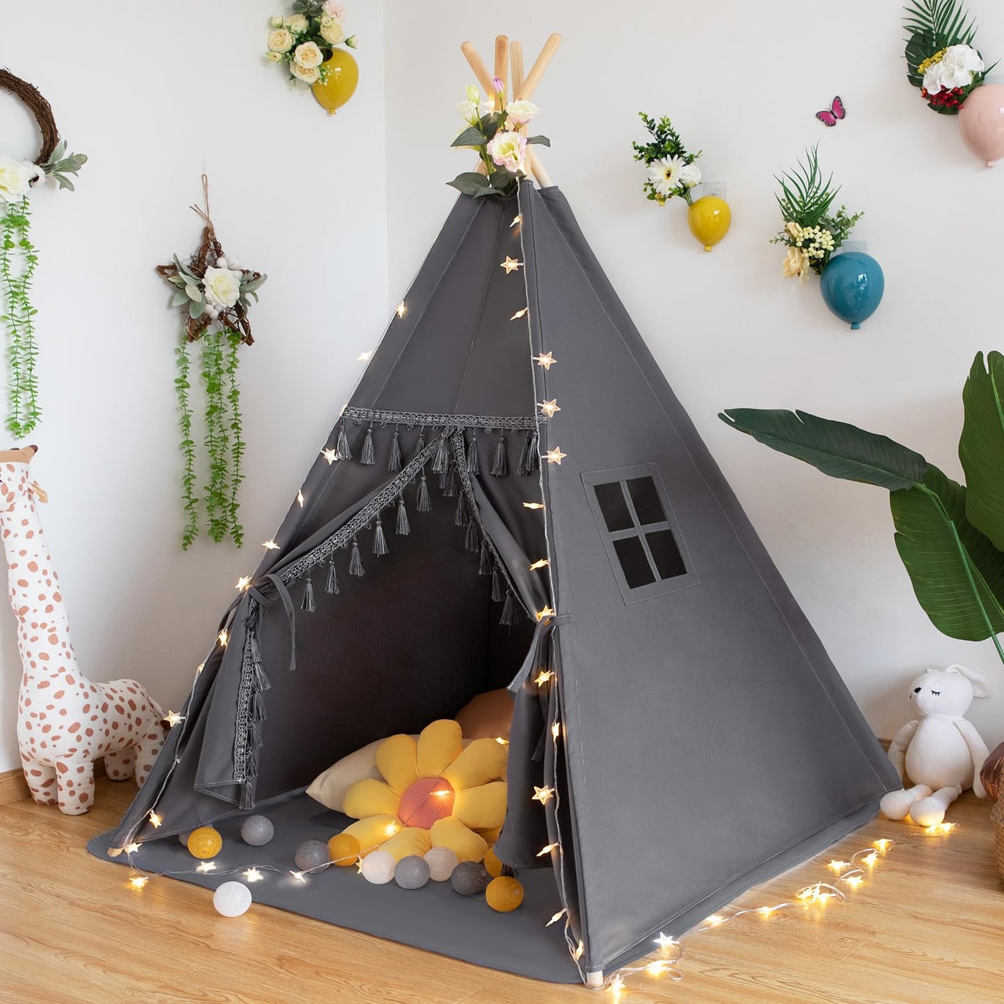 Xiaowantong Kids Teepee Tent With Padded Mat, Lights, And Carry Bag,Natural Cotton Canvas Washable Playhouse For Indoor Use,Idea