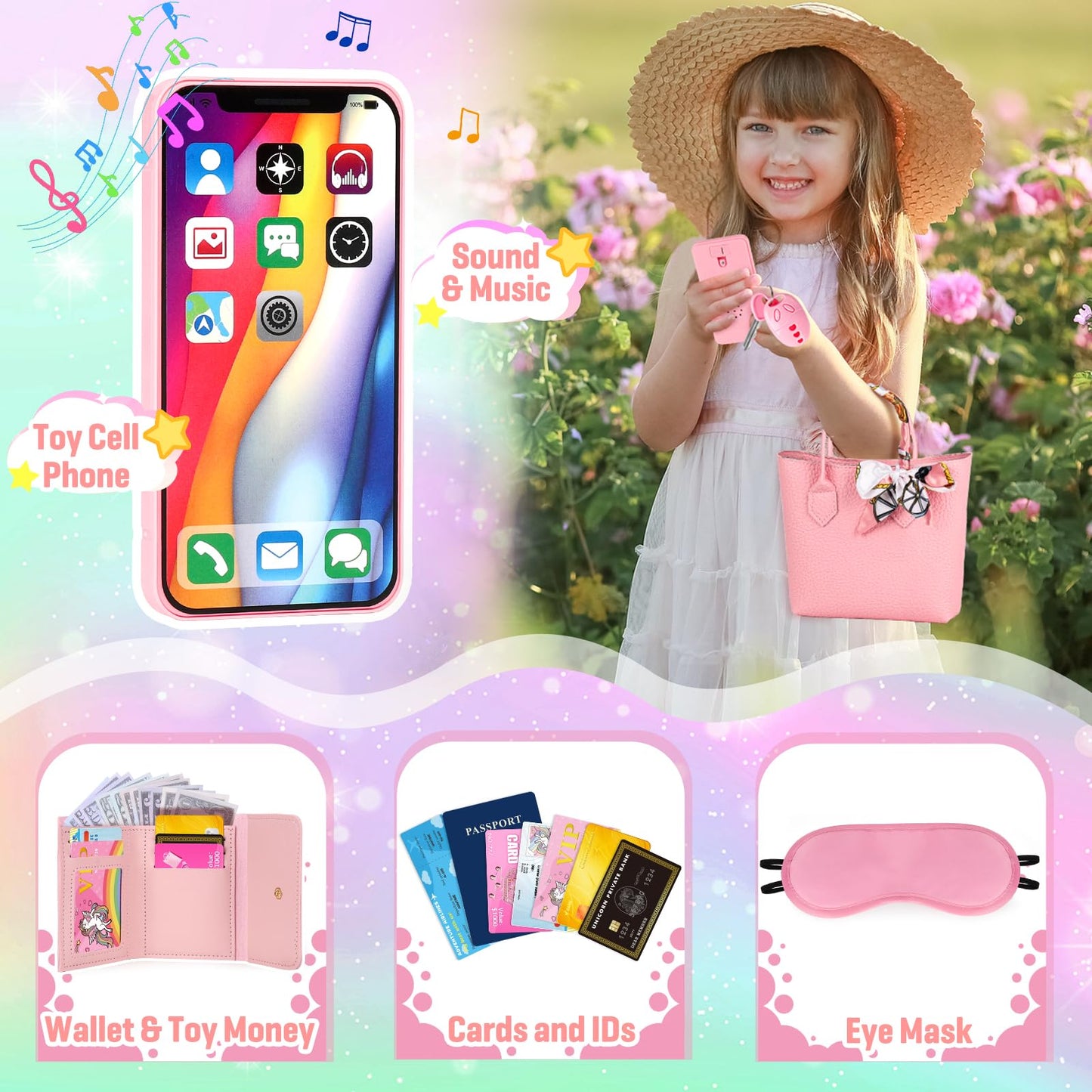 Meaicezli 35Pcs Little Girl Purse Toy Set, Toddler Purse Girl Toys Age 2-6 With Pretend Makeup, Play Kids Purse Princess Birthda