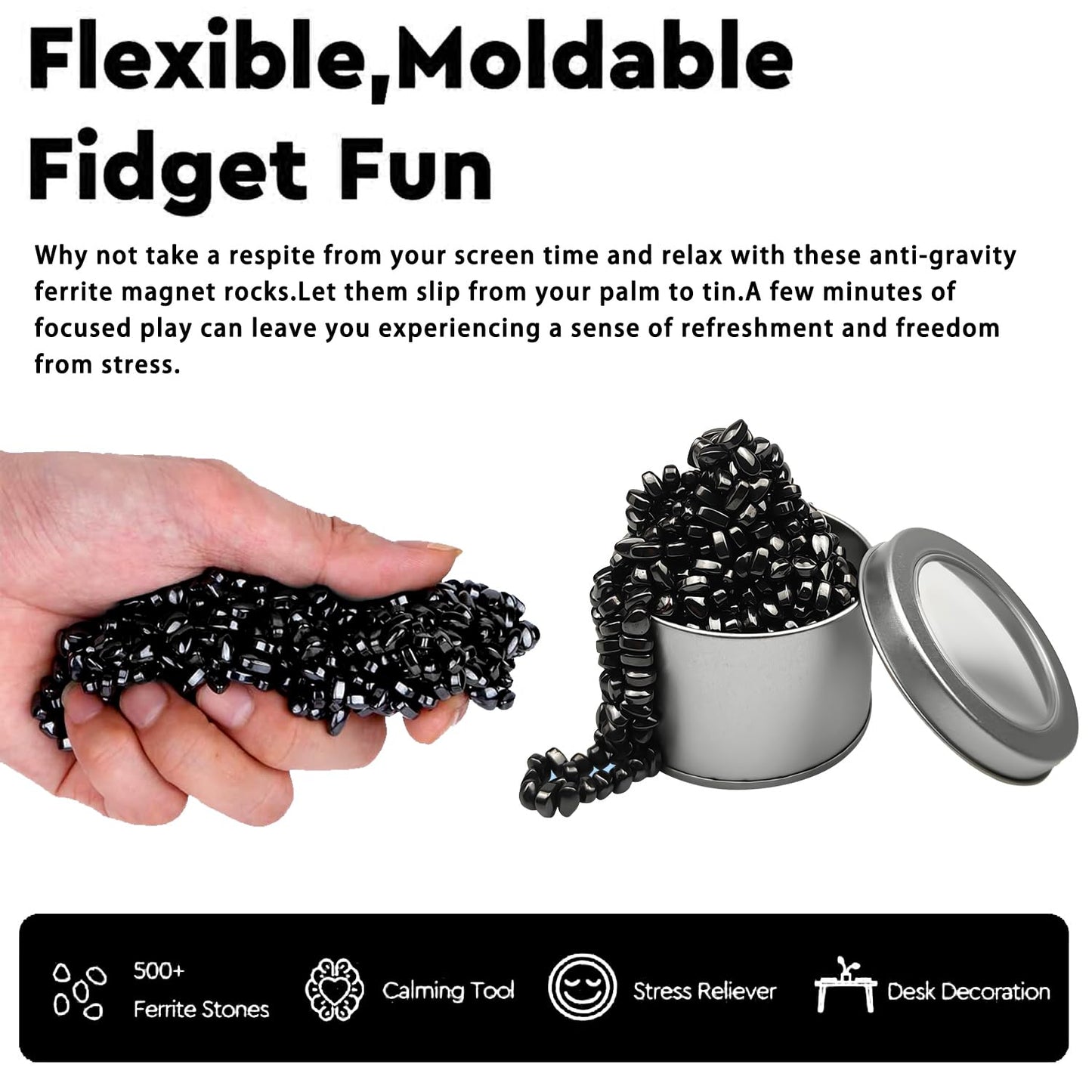 Luckyrao Ferrite Putty,Black Over 500 Weak Magnetic Ferrite Stones, Satisfying Magnet Rocks Desk Toys for Office and Fidget Toys