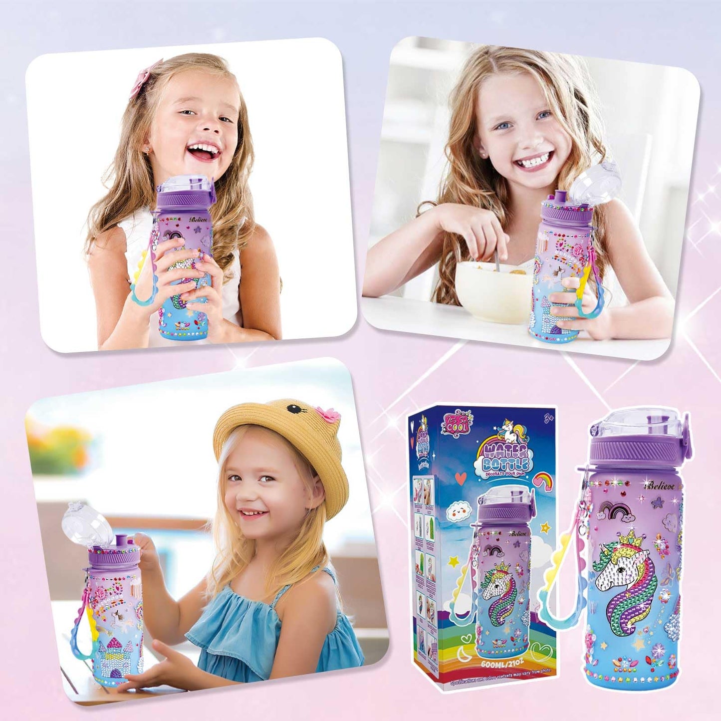 Toys For 4-6-8-10-12 Year Old Girls Kids, Decorate Your Own Water Bottle Kits For Girls, Unicorn Gem Diamond Painting Arts And Crafts Birthday Gifts For 3-10 Year Old Girls (Unicorn 600Ml)