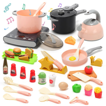 CUTE STONE Play Kitchen Accessories Set, Kids Cooking Toys Set with Play Pots and Pans, Electronic Induction Cooktop with Sound
