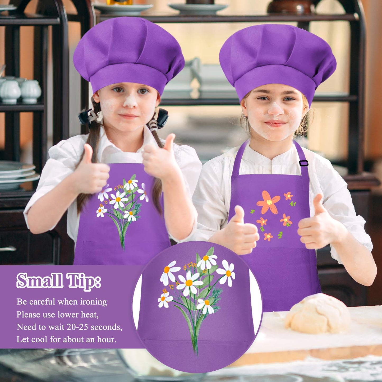 Bouboni Kids Apron And Chef Hat Set (Purple) - Unisex Child, Adjustable, Polyester, 2 Pockets, For Cooking, Baking, Painting