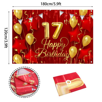 17Th Birthday Backdrop Banner Decorations Red And Gold For Boys Girls Happy 17 Years Old Bday Background Photography Party Decor Sign Supplies