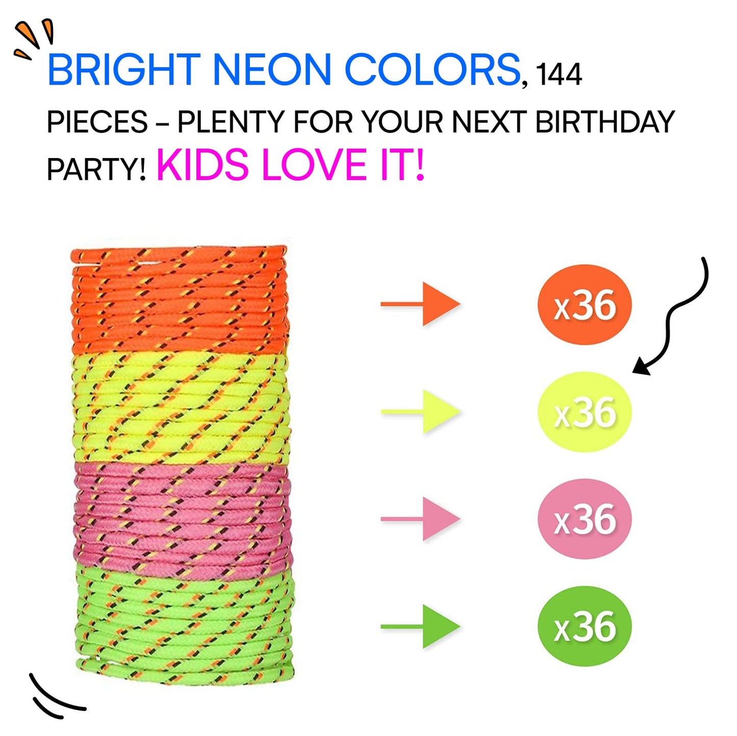 Neliblu Friendship Bracelets - Pack of 144 Neon Rope Bracelet, 7-Inch Adjustable in Orange, Yellow, Pink, and Green - Fun Access