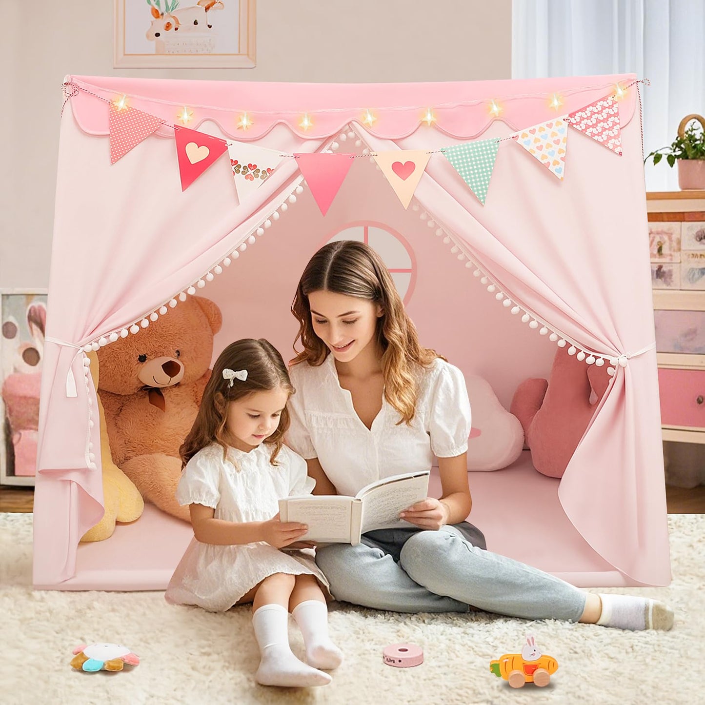 Piikago Kids Play Tent - Kids Tent Indoor With Star Lights And Flags, Play Tents For Toddlers 1-3, Kids Playhouse For Girls, Pin