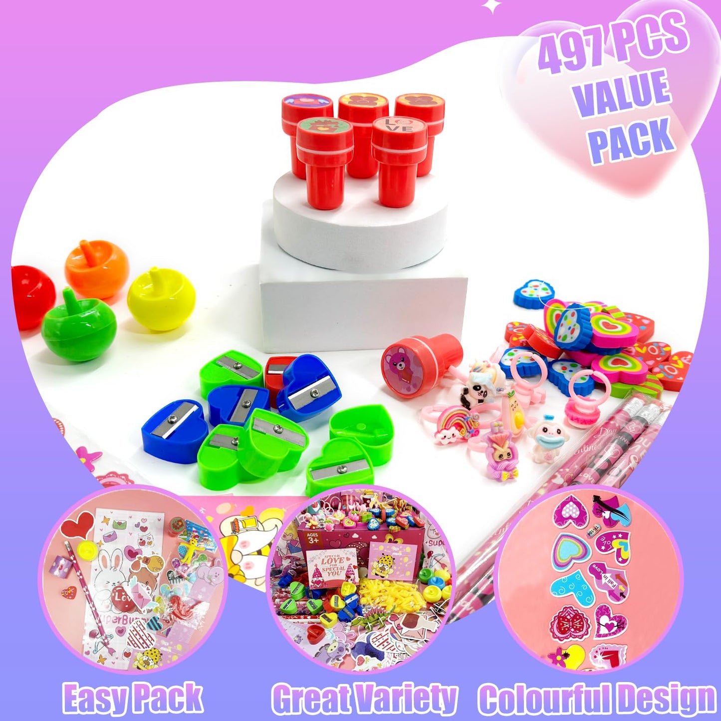 SQZUWIT 497PCS Valentines Day Gifts for Kids, 36 Pack Valentines Day Party Favor with Cards Pencils Stickers Erasers Stampers Cl
