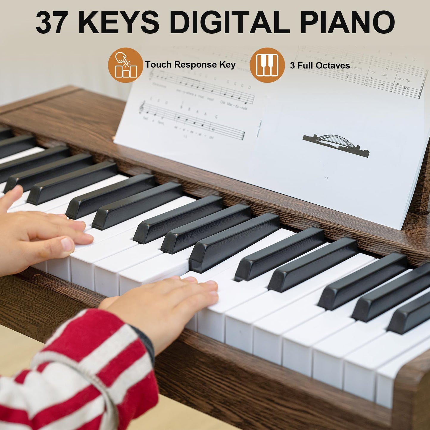 Uiscom Kids Keyboard Piano, 37 Keys Digital Piano, Toddler Musical Instruments, Wooden Kids Piano With Bench, Toddler Piano For