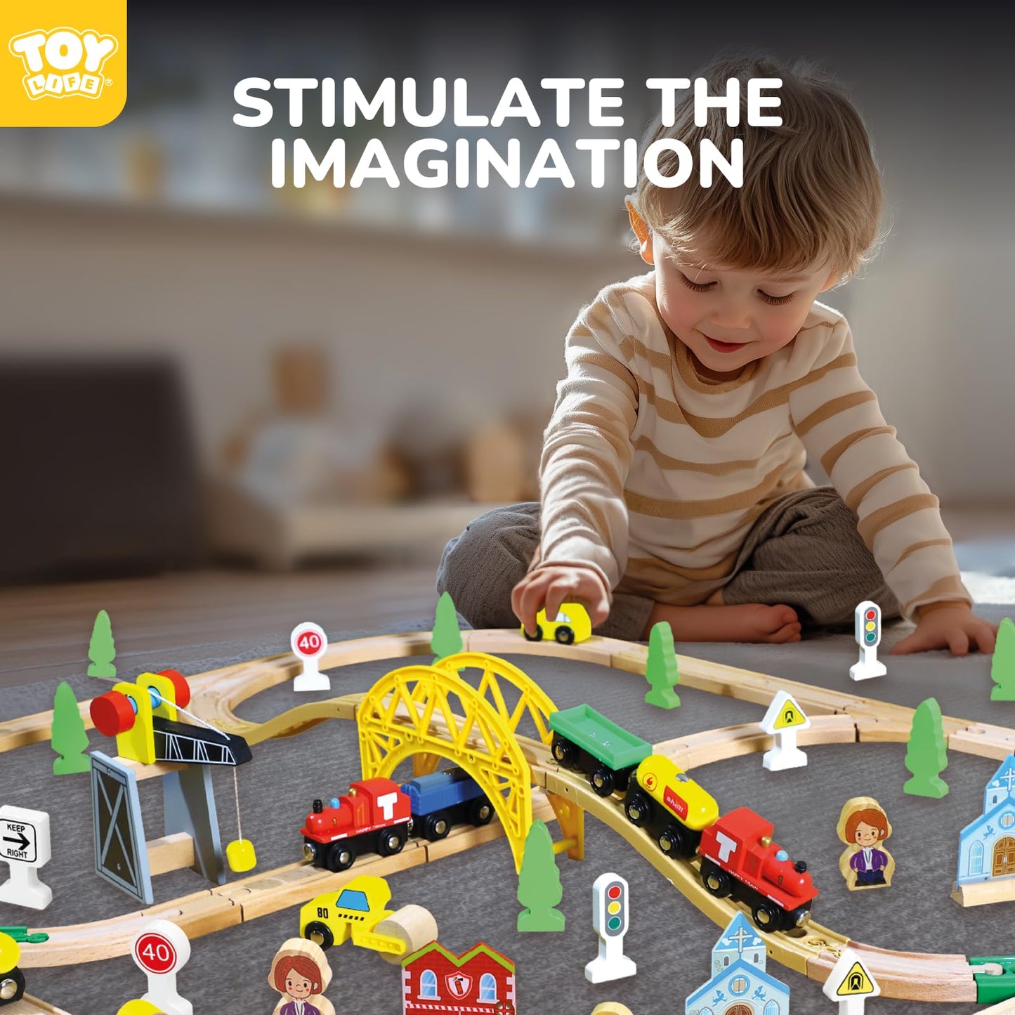 Toy Life Train Set 60Pcs Wooden Train Set With Crane, Wooden Train Tracks Toy Train Set For Toddlers 2-4 3-5, Kids Toys For 3 Year Old Boys - Fits Thomas Brio Melisa Chugginton Train Track Set