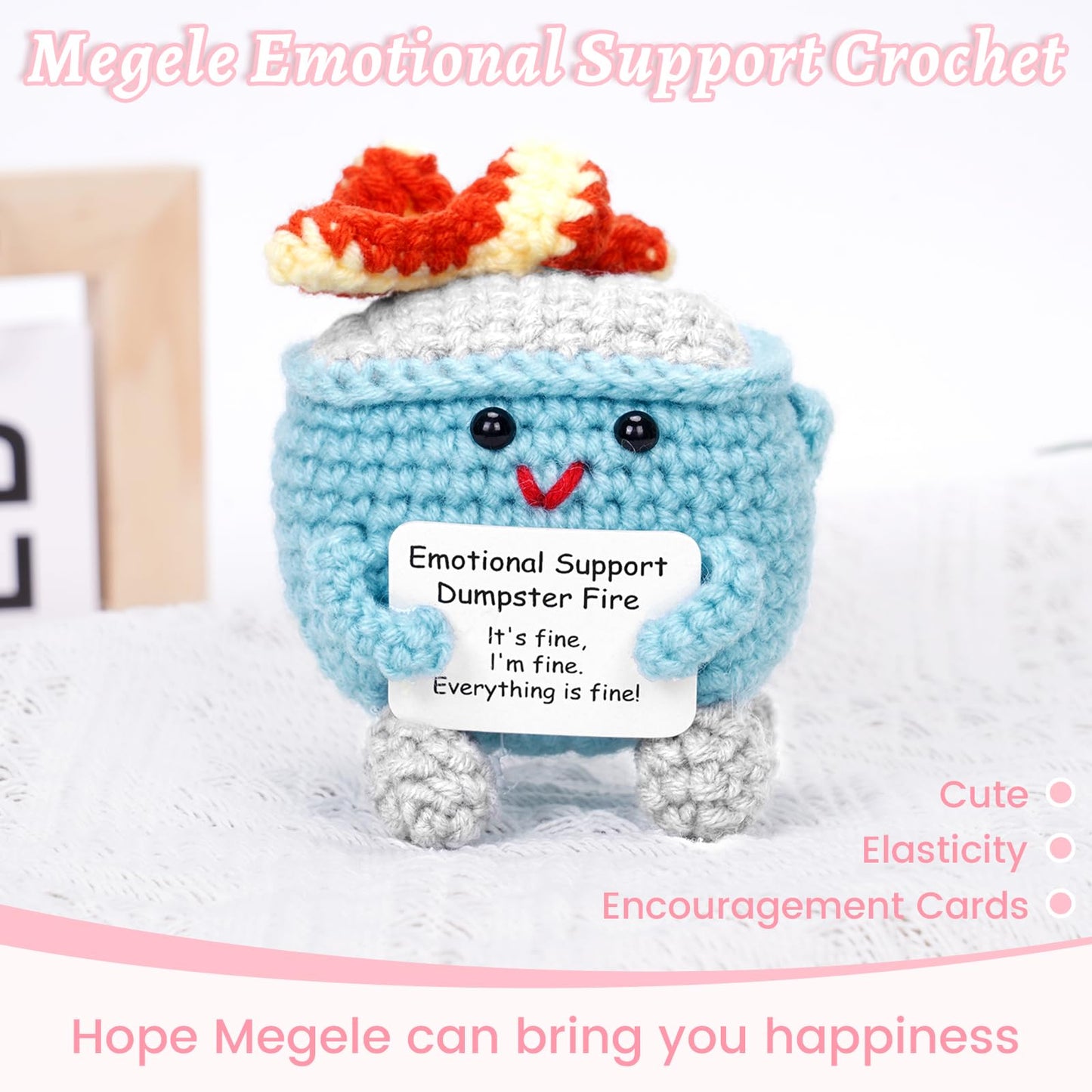 Megele 7pcs Emotional Support Dumpster Fire Gift Set Handmade Crochet Desk Accessories Room Decor Funny Gifts for Women Men Frie