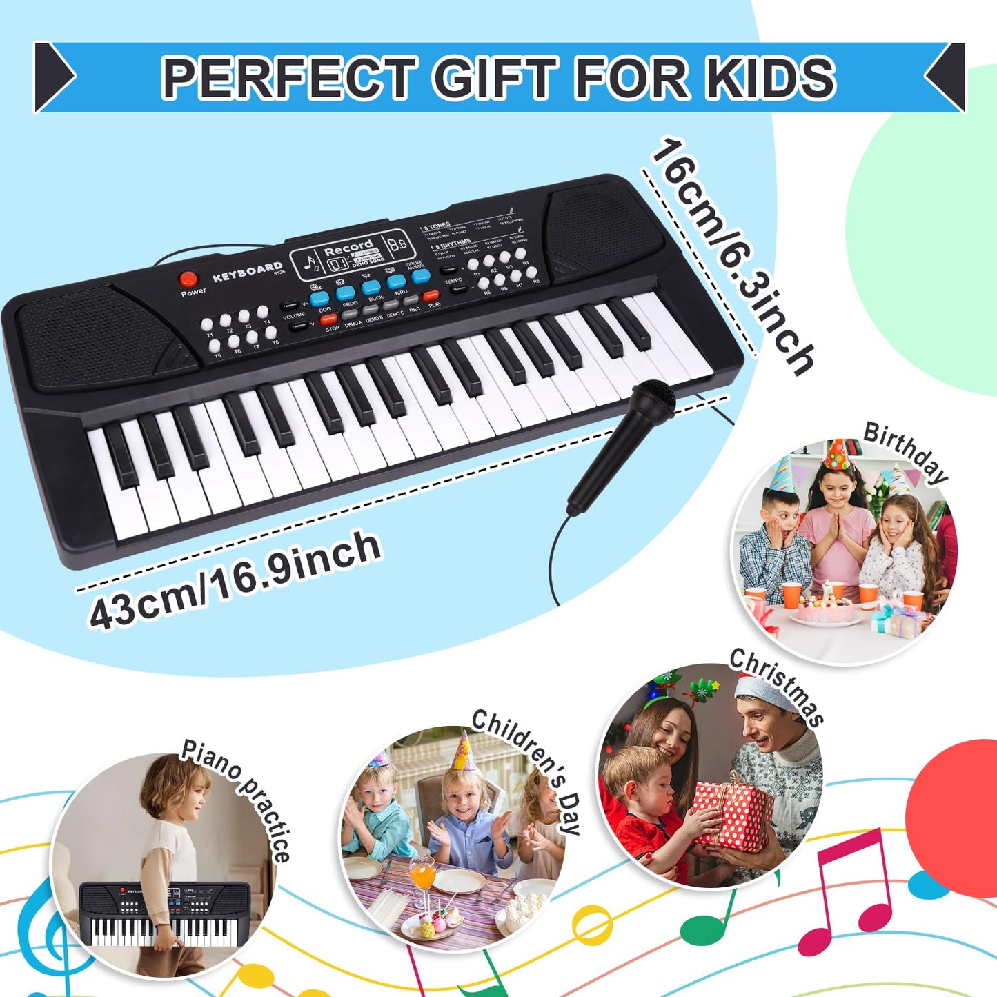 M Sanmersen Upgraded Kids Piano Keyboard 37 Keys With Microphone, Music Toys Birthday Gifts For 3 4 5 6 Year Old Boys Girls, Black