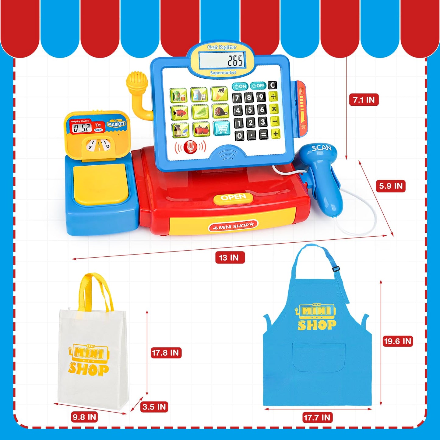 Cash Register Toy For Kids With Real Calculator, Cashier Register With Scanner/Weighter/Credit Card/ Play Money/ Food/Microphone