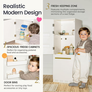 Tiny Land Wooden Toy Fridge with Magnetic Door, DIY Fridge Magnets and Spacious Storage, Realistic Play Kitchen Refrigerator for