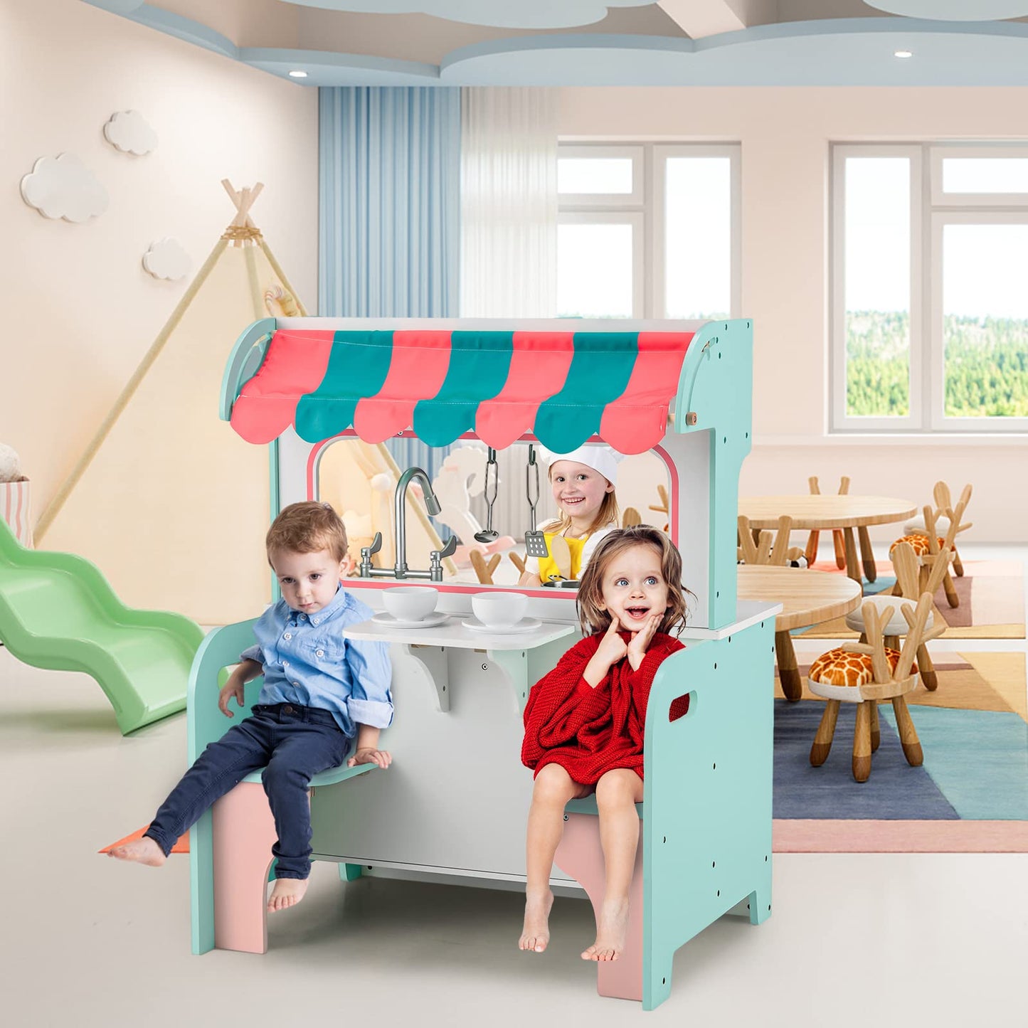 INFANS 2 in 1 Kids Play Kitchen & Restaurant - Double Sided Wooden Cooking Set, Blue, 28 L x 21 W x 36 H, Pretend Play Toy