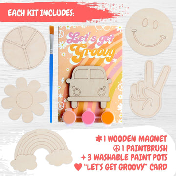 12 Pack Pre-Packaged Groovy Party Favors, Wooden Retro Cutouts with Magnets & Painting Kits for Kids, 70s Theme Birthday Decorat