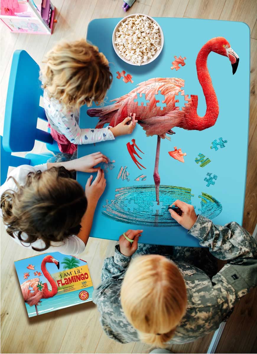 Madd Capp Lil' Flamingo 100 Piece Jigsaw Puzzle For Ages 5+ - 4009 - Unique Animal-Shaped Border, Poster Size When Completed, Oversized Puzzle Pieces For Easy Handling, Includes Educational Fun Facts