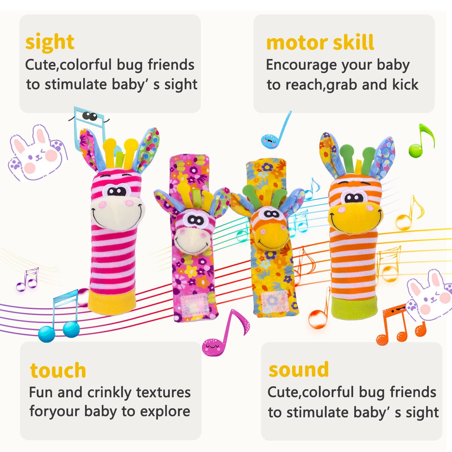 Padonise Wrist Rattles Baby Socks Baby Toys Set Soft Sensory Toys For Babies Cartoon Animal Rattles Sock Early Development Toy Baby Shower Birth Gift For Newborn Infant Baby Boy Girl 0 To 3 Years Old