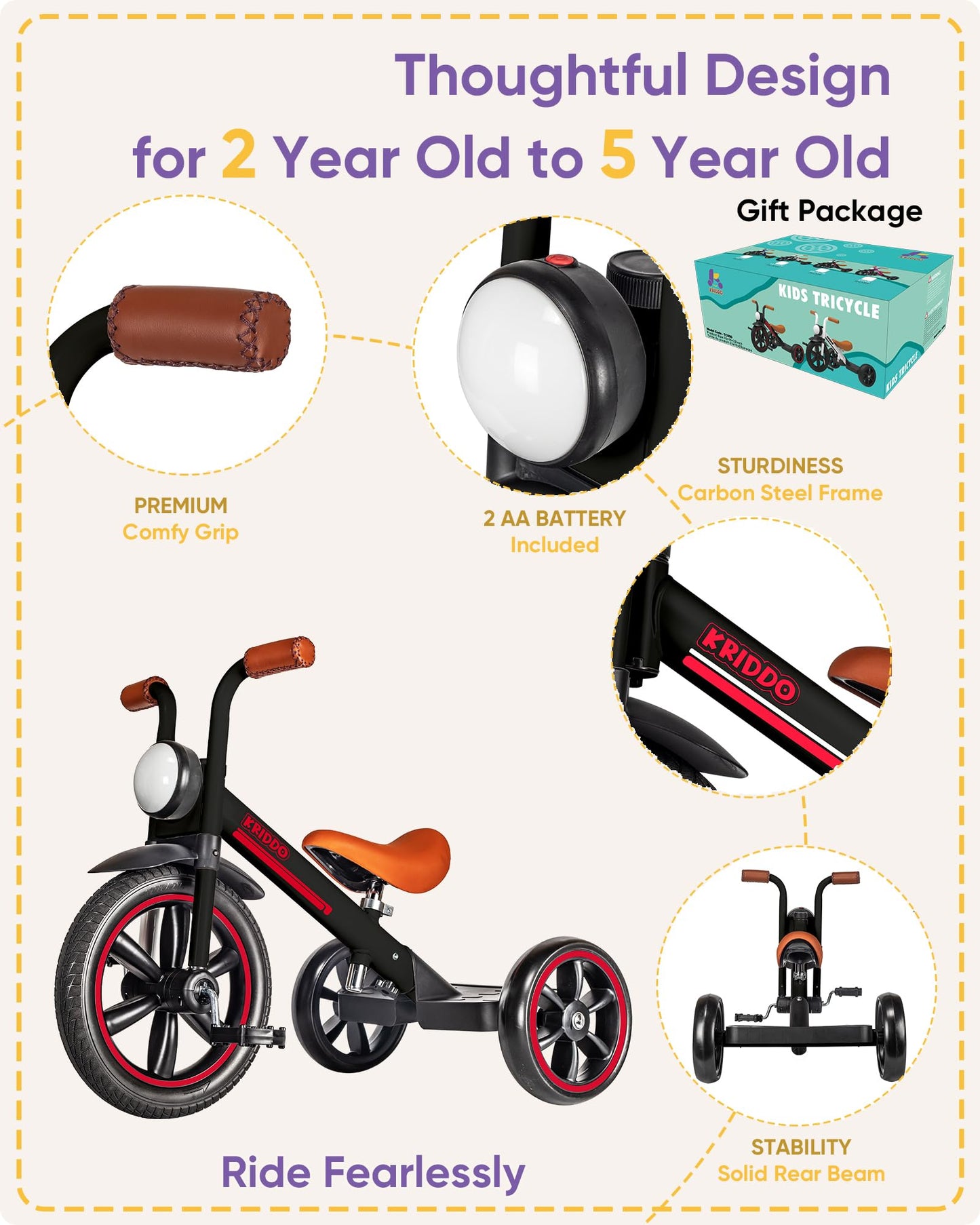 KRIDDO Kids Tricycle, 12 Inch Puncture Free Wheel w Front Light, Adjustable Seat Height, Gift for 2-5 Year Olds, Trike for Toddl
