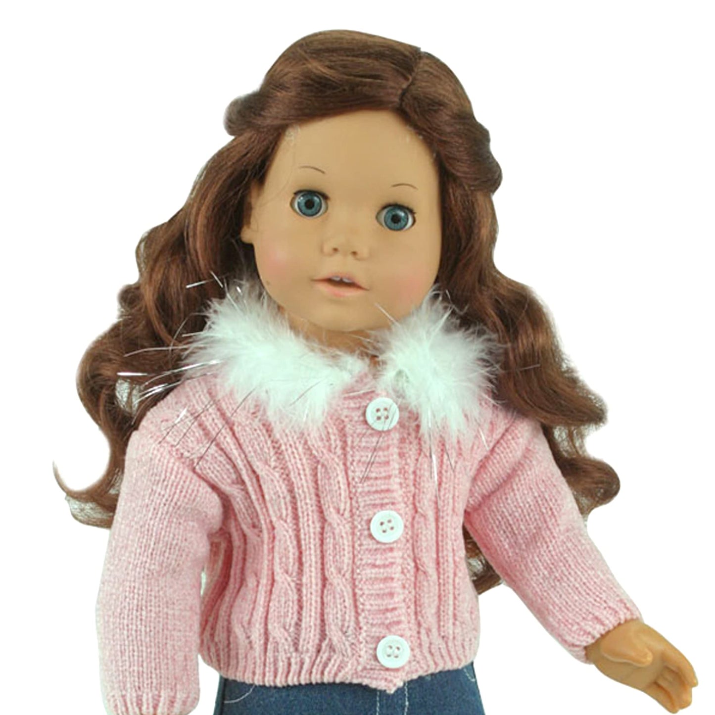 Sophia'S 18' Doll 3-Pc. Feather Trim Pink Chenille Sweater, Denim Skirt And White Tights With Pink Hearts