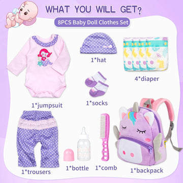 11 Pcs Set Reborn Baby Girl Doll Clothes Outfit Accessories Purple Mermaid Unicorn for 17-22 Inch Reborn Doll Newborn Girl