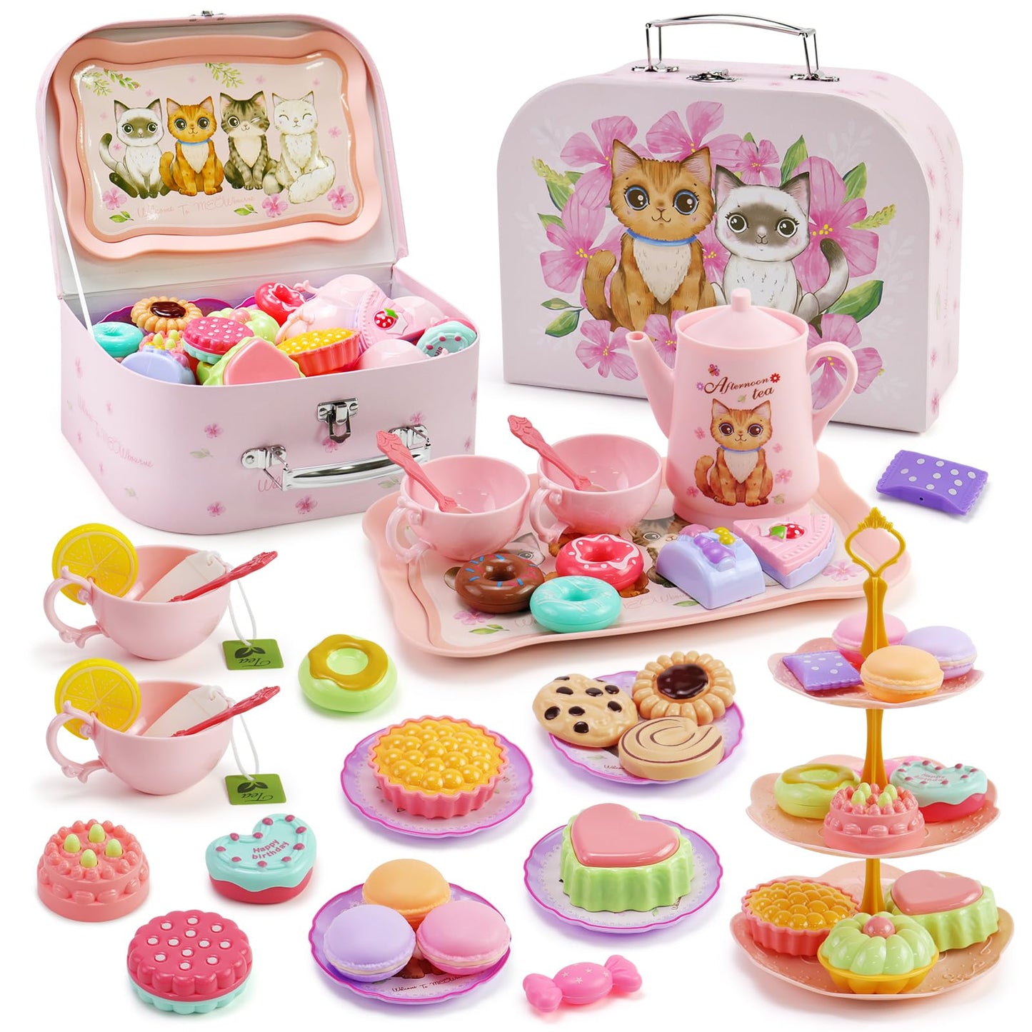 Motiloo 46pcs Cat Tea Party Set for Little Girls,Pretend Play Tea Set for Toddlers 3-8,Includes Plastics Tea Set, Desserts, and