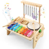 BCY hohipi Kids Drum Set - Wooden Musical Instrument for Toddlers, Rosewood & Birch, Model LS24, Includes Xylophone & Wind Chime