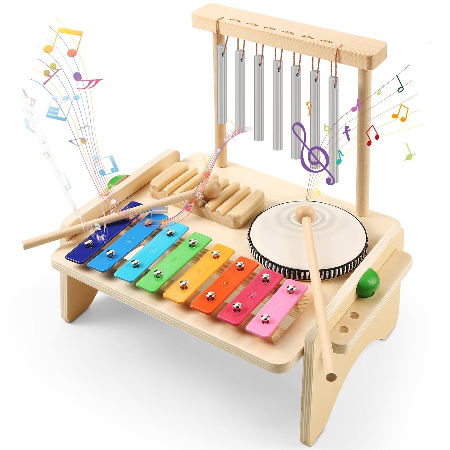 Kids Drum Set,Baby Musical Instrument For Toddler,Wooden Xylophone For Toddlers With Baby Drum Set And Wind Chime,Montessori Mus