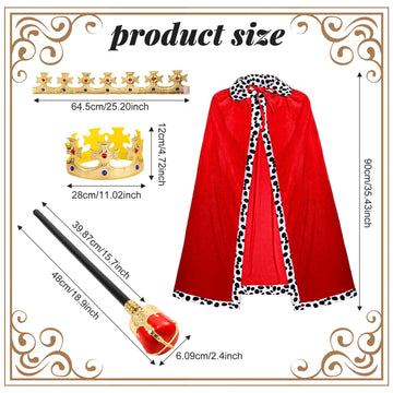 Shinymoon 3 Pcs Halloween Prince Costume For Kids King Crown Robe And Scepter Prince Costume For Boys King Prince Cosplay(Red)