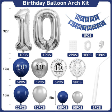 10Th Birthday Decorations Navy Blue Silver,10Th Birthday Balloon Garland Party Decorations With Number 10 Foil Balloons,Happy Bi