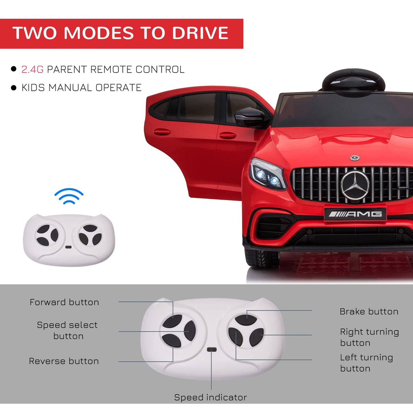 Aosom 12V Ride On Toy Car For Kids With Remote Control, Mercedes Benz Amg Glc63S Coupe, 2 Speed, With Mp3, Electric Light, Horn, Suspension, Red
