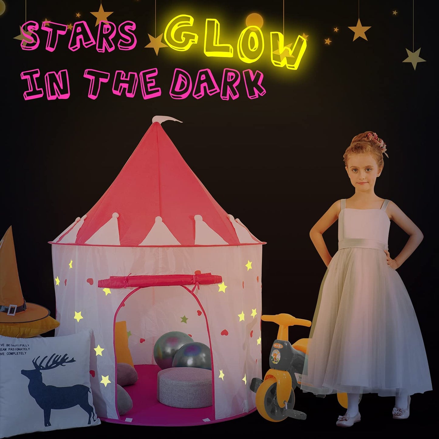 Princess Castle Play Tent With Glow In The Dark Stars, Foldable Pink Pop Up Kids Tent Playhouse Toys, For Indoor Outdoor Toddler