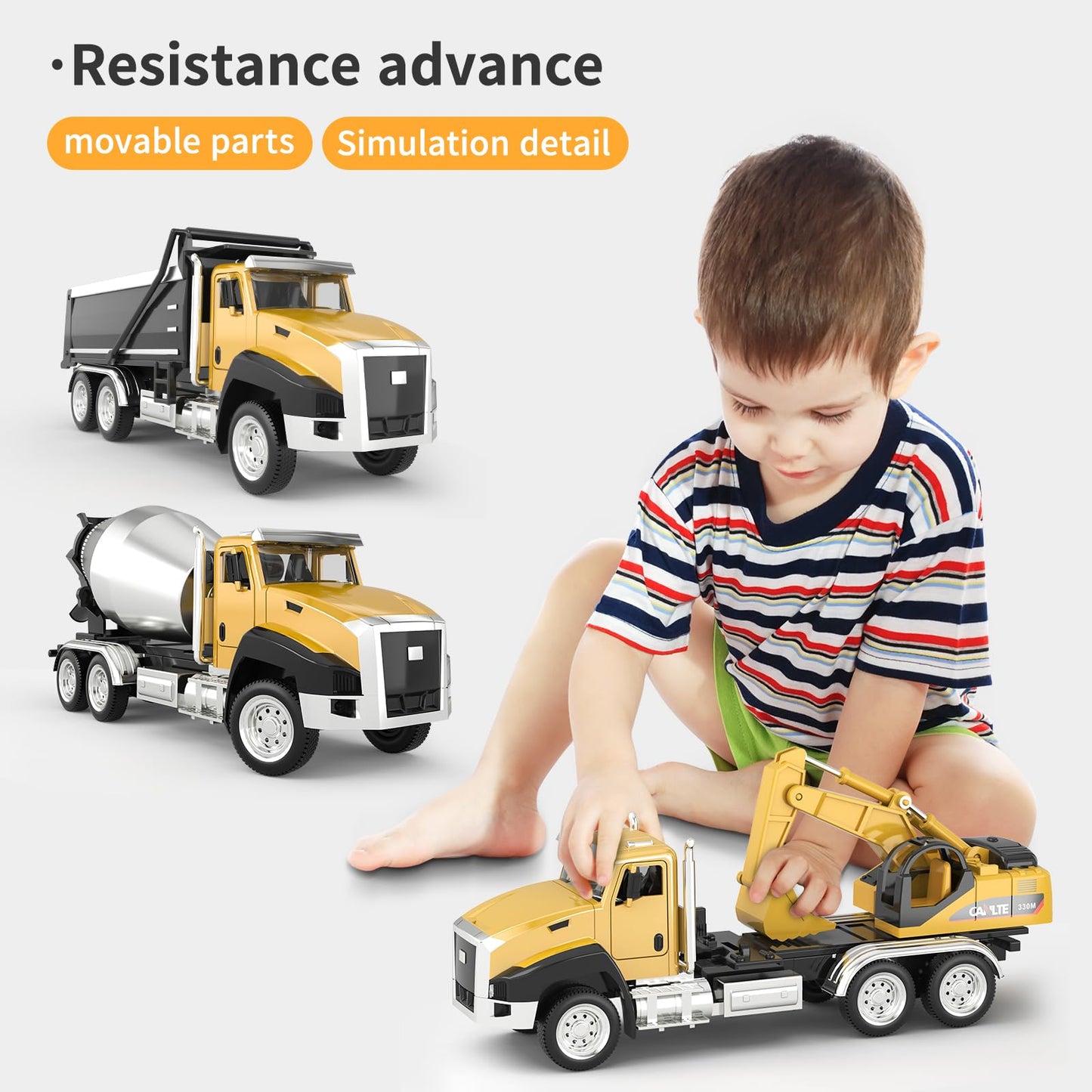 TEMI 3 Pack of Diecast Engineering Construction Vehicles, Dump Truck, Digger, Mixer Truck, 1/50 Scale Metal Collectible Model Ca