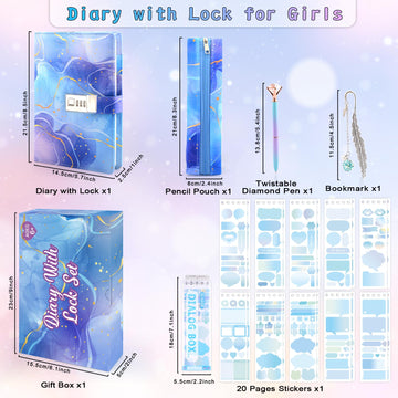 Diary With Lock For Girls Ages 8-12, Easter Gifts For Girls 8 9 10 11 12 13 14 Year Old Journal With Lock, Secret Diary Notebook With Pencil Case Pen Stickers Bookmark Gifts For Teen Girls