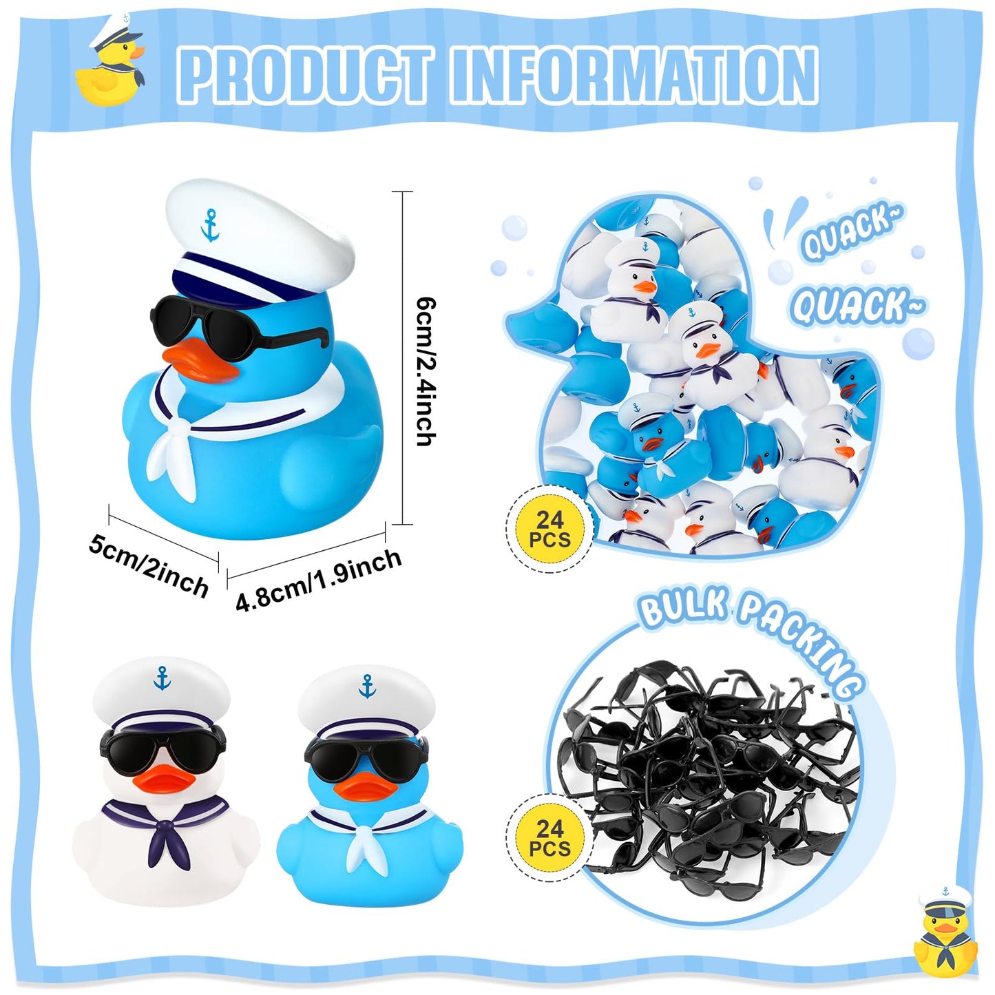 Shappy 24 Pcs Cruise Duck Bulk With Sunglasses Sets 2 X 1.9 X 2.4 Inch Mini Sailing Rubber Ducks Summer Cruise Ship Toy Squeaky Bath Party Toy Duckies For Birthday Party Favors (Blue,White)