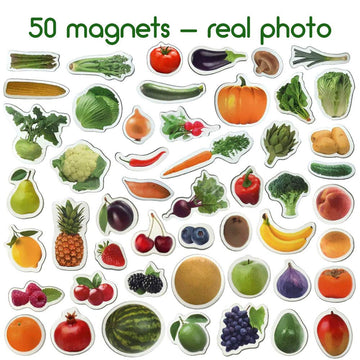 MAGDUM PHOTO FRUITs&Berries&VEGETABLEs-50 magnets for kitchen -real LARGE fridge magnets for toddlers- Magnetic EDUcational toys baby 3 year old baby - LEARNing magnets for kids- Kid magnets