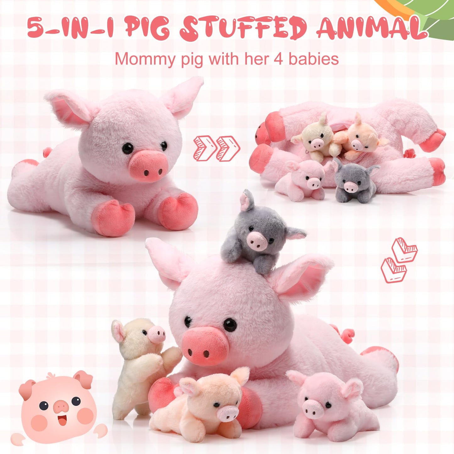 Silipull 5 Pcs Pig Stuffed Animals, 12 Inch Large Plush Mommy Pig With 4 Little Baby In Mother Belly, Gift For Boys And Girls' C