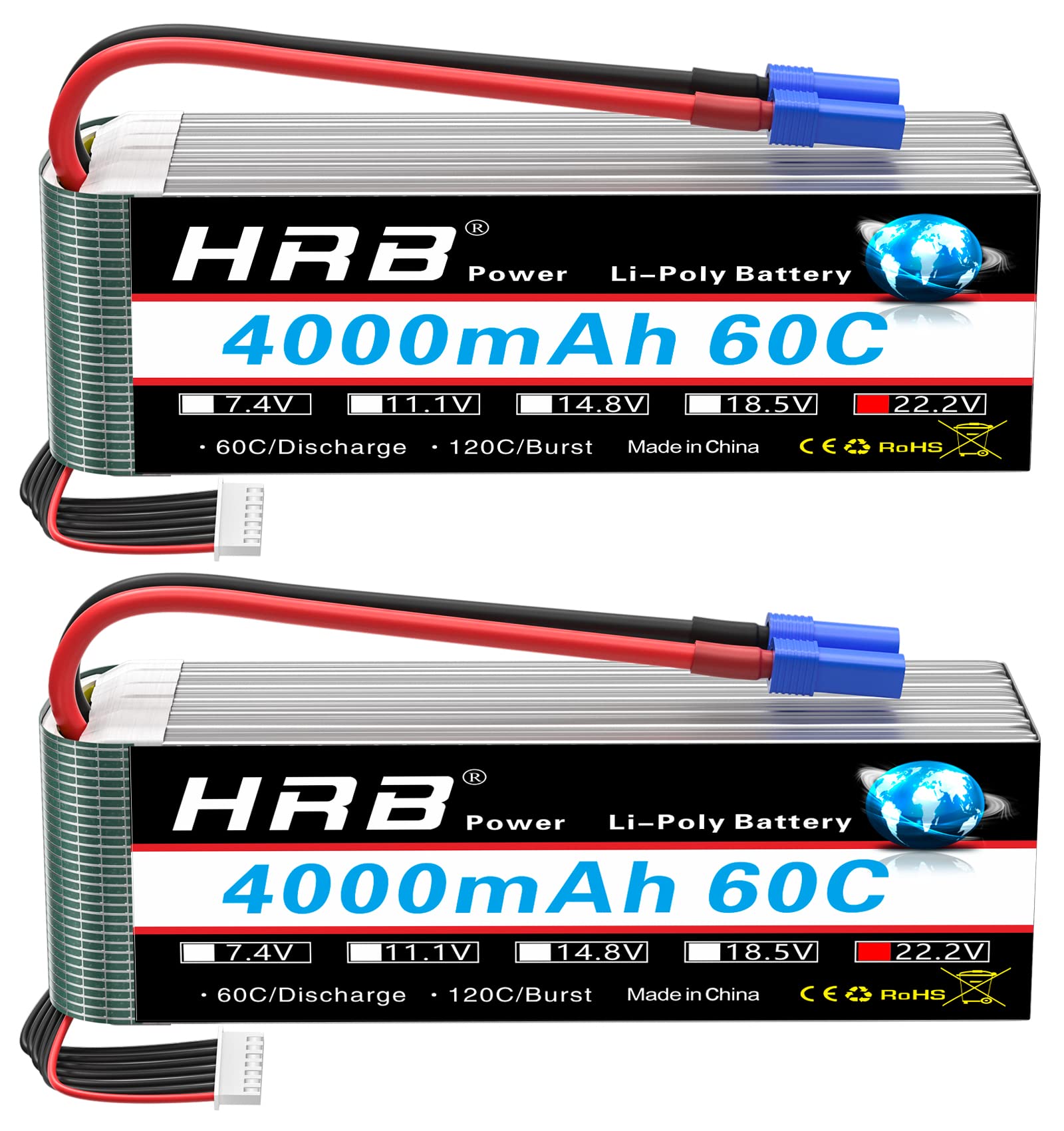 Hrb 2Pcs 6S Lipo Battery Ec5 22.2V 4000Mah 60C Rc Lipo Battery Compatible With Rc Quadcopter Helicopter Car Truck Boat Hobby