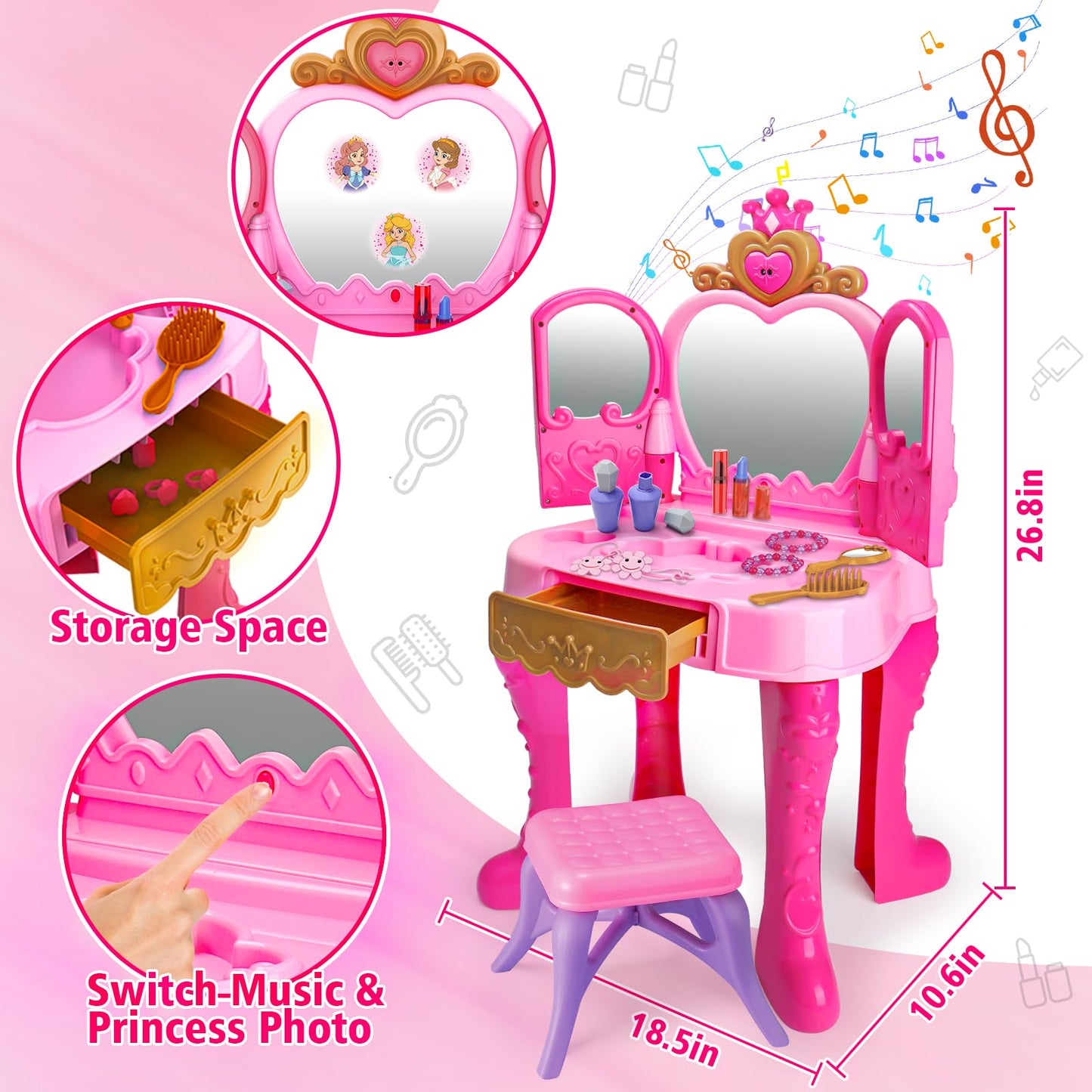 Toddler Vanity Magic Makeup Set Table And Chair Girl Toys Automatically Mirror With Music Light Pink Girls Toys 2 3 4 5 Year Old