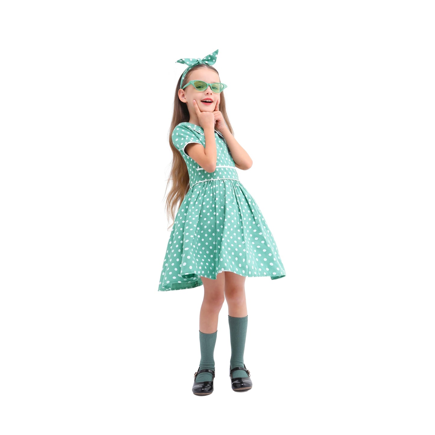 Raberto Kids 50S Costume - 1950S Dress With Headband, Glasses And Socks For Girls 5-6 Years, Medium, Green