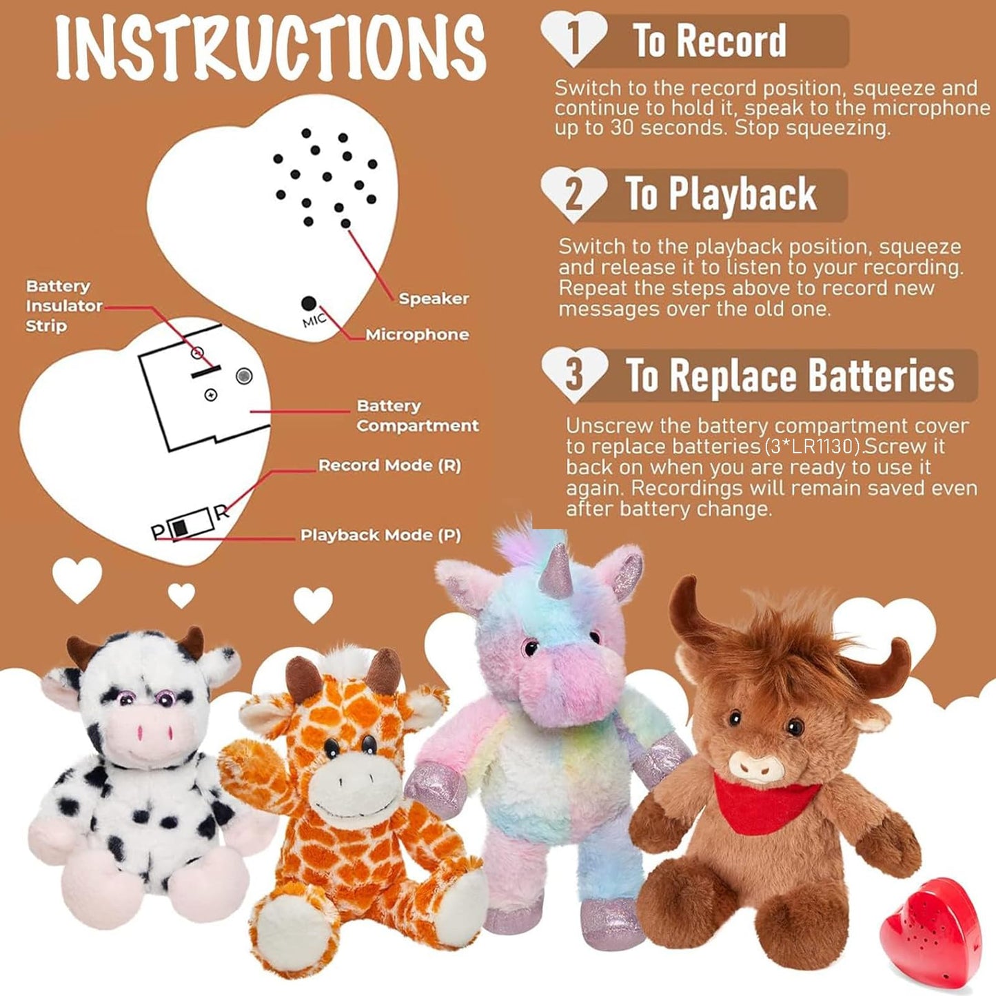 CozyWorld Recordable Stuffed Animal - 12.5" Highland Cow Plush Toy, 100% PP Cotton, Sweet Voice Messages, Birthday Gift for Kids