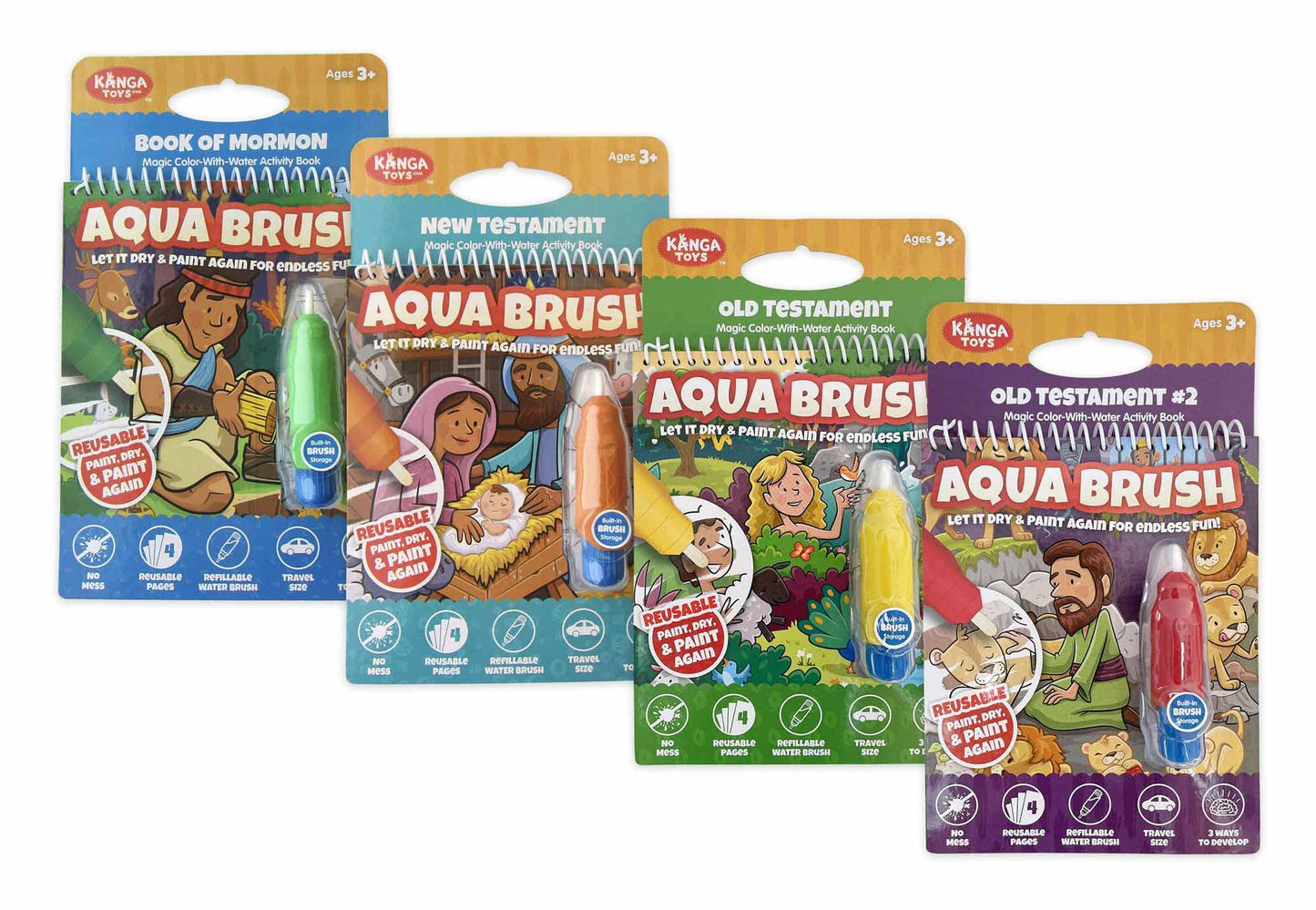 Kanga Toys 4 Pack Of Aqua Brush Activity Books For Kids Ages 3+: Old Testament #1, Old Testament #2, New Testament, And Book Of