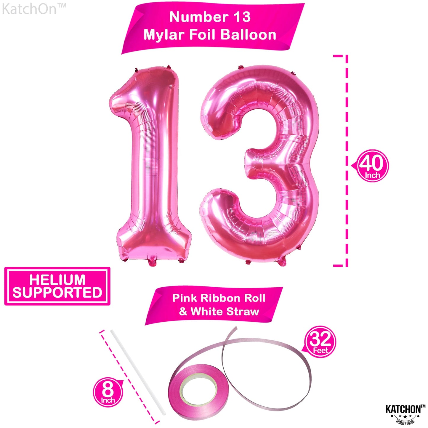 Katchon, Hot Pink 13 Balloon Numbers - Giant, 40 Inch | Hot Pink 13Th Birthday Balloons For Girls | 13Th Birthday Decorations For Girls | Hot Pink Number 13 Balloons | Hot Pink 13 Birthday Decorations
