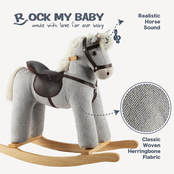 Rock My Baby Rocking Horse Gray, Ride On Pony With Realistic Sound, Wooden Rocking Toy, Rocking Animals, For Boy And Girl Age 2