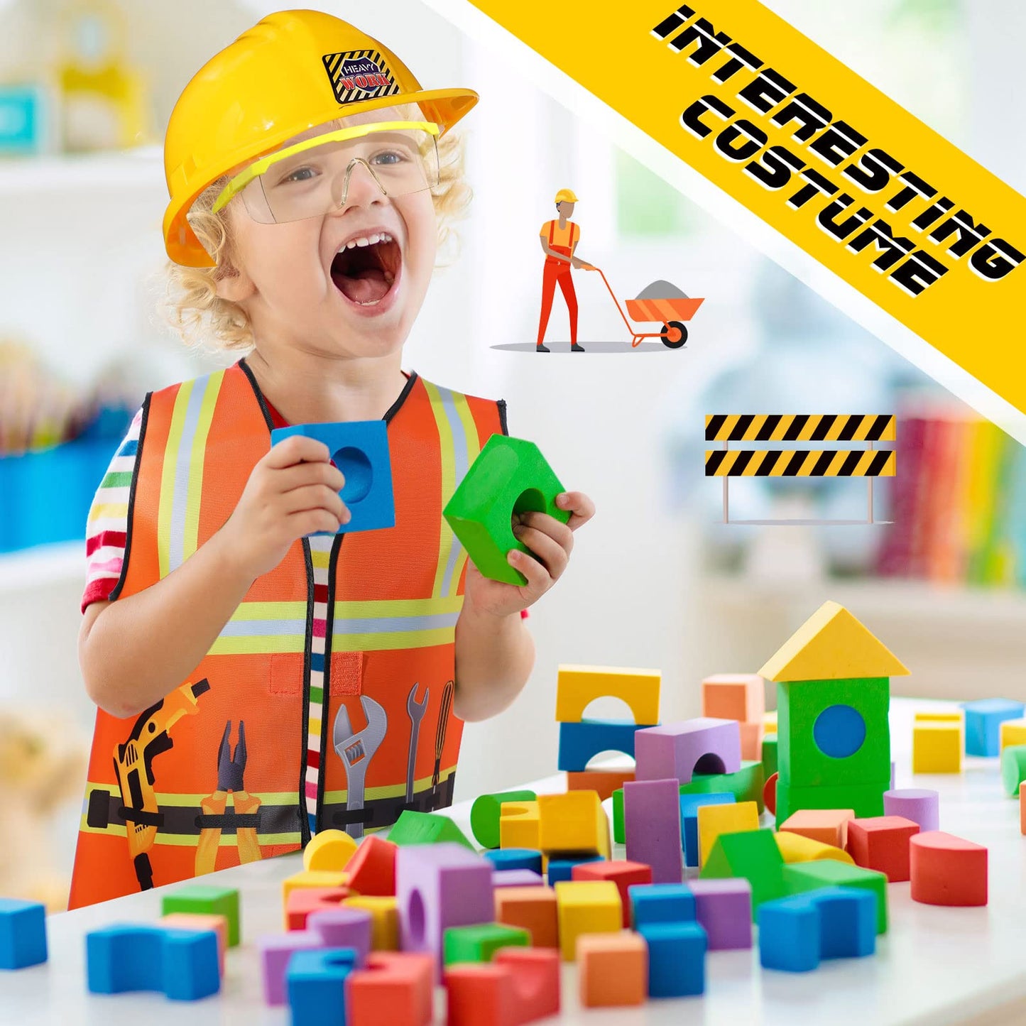 Handepo Construction Worker Costume Kids Hard Hat Construction Vest Goggles Toddler Dress Up Set Birthday Party Girls Boys(Yello