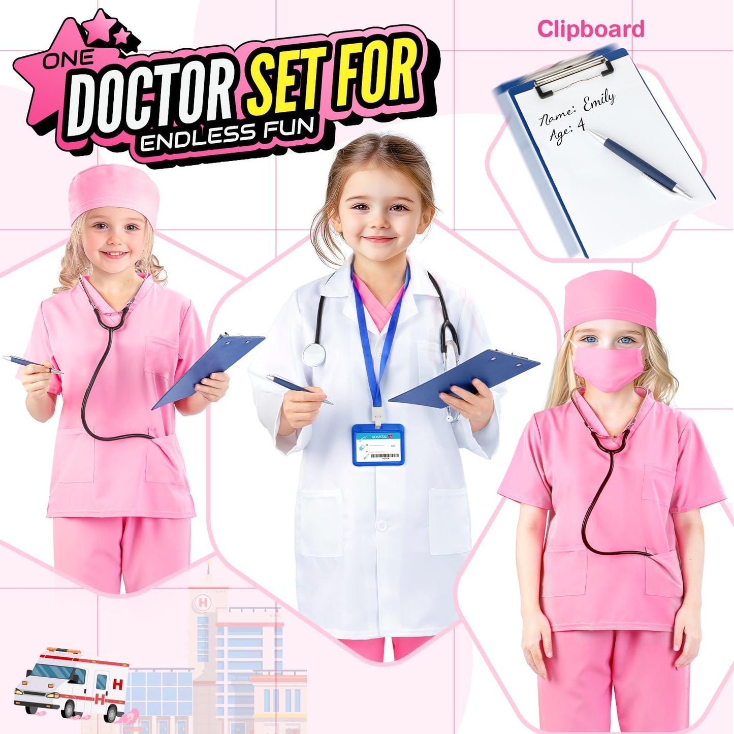 Joycover Doctor Costume For Kids, Kids Scrubs Halloween Costumes For Girls Boys Doctor Dress Up Play Kit
